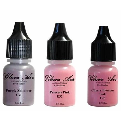 Glam Air Set of 3 Airbrush Eye Shadow Colors- Cherry Blossom, Purple Shimmer and Princess Pink Airbrush Water-based 0.25 Fl. Oz. Bottles of Eyeshadow by Glamair