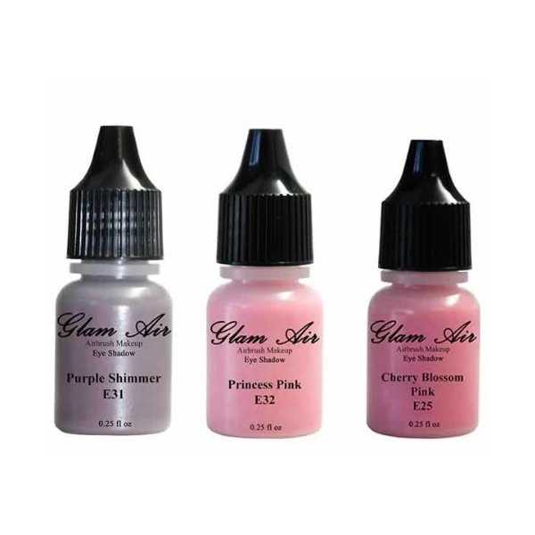 Glam Air Set of 3 Airbrush Eye Shadow Colors- Cherry Blossom, Purple Shimmer and Princess Pink Airbrush Water-based 0.25 Fl. Oz. Bottles of Eyeshadow by Glamair