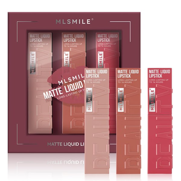MLSMILE Matte Liquid Lipstick Set,Lipstick for Women,Lip Stain Tint Longwear No-Budge Lipcolor Makeup, Highly Pigmented Color and Waterproof, Non-Stick Cup Lip Blam, 3 Count (Set A)