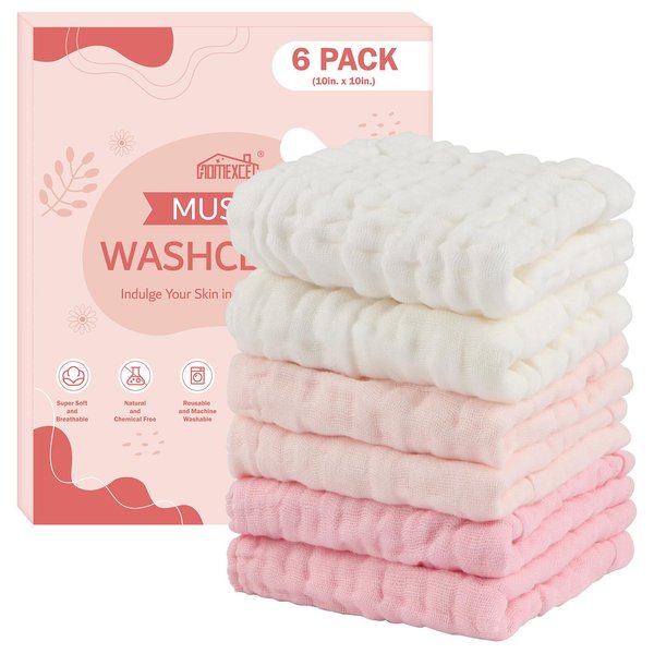 HOMEXCEL Face Wash Cloths 6 Pack, Reusable Makeup Remover Cloths Soft Muslin Washcloths for Sensitive Skin, 10 x 10 Inch Face Towels for Washing Face (White-Beige-Pink)