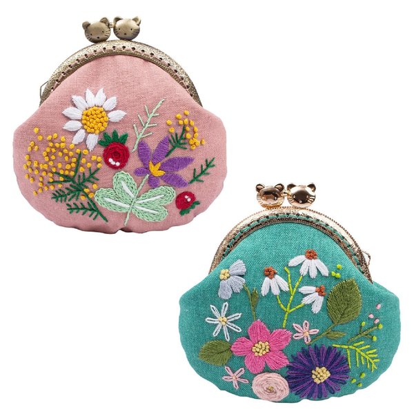 MIAO JIN 2 Sets Stamped Embroidery Coin Purse Kits for Beginners Handmade DIY Embroidered Clutch Starter Kit with All Supplies Tools Bamboo Embroidery Hoops