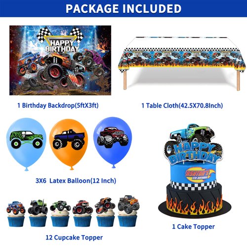 63 PCS Monster Truck Birthday Party Supplies Monster Trucks Birthday Decoration Monster Trucks Party Supplies Monster Truck Backdrop Balloons Tablecloth Cake Toppers Cupcake Toppers
