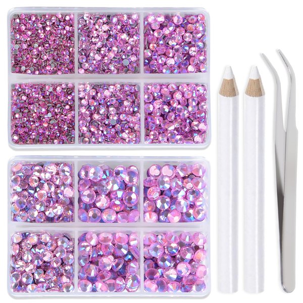 LPBeads 6400 Pieces Pink AB Hotfix Rhinestones Flat Back 5 Mixed Sizes Crystal Round Glass Gems with Tweezers and Picking Rhinestones Pen