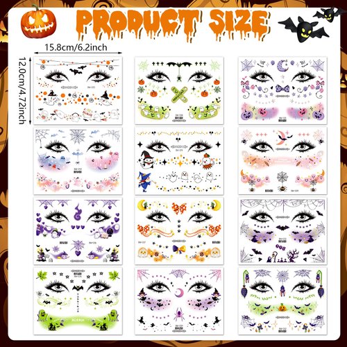 HOWAF Halloween Temporary Tattoos 12 Pcs Fun Face Mask Tattoos, Happy Halloween Decor Trick or Treat Witch Colorful Face Body Tattoos Sticker for Halloween Makeup Cosplay Party Supplies