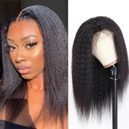 ZIYU 14 Inch Kinky Straight Human Hair Wigs for Women, 13X4 Kinky Straight Lace Front Wig human hair Pre Plucked Hairline with Baby Hair, 180% Density Yaki Straight Frontal Wigs Natural Black Color
