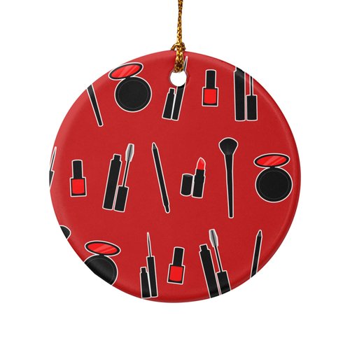 Makeup Lipstick Mascara Eyeliner Pattern Porcelain Holiday Christmas Tree Ornament - 2.8" (7.1 cm)
