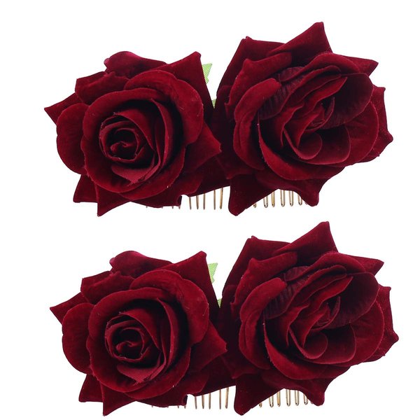 Ever Fairy Rose Flower Hair Clip Comb Slide Flamenco Dancer Pin Flower Brooch Lady Hair Styling Clip Hair Accessories (2 Color Pack:Deep Red)