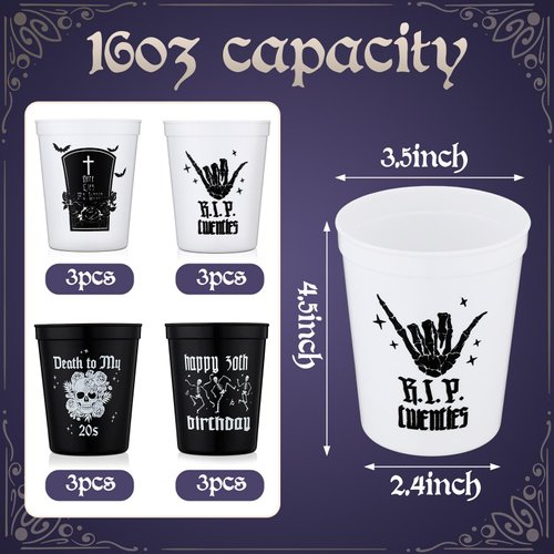 Layhit 12 Pcs Gothic 30th Birthday Plastic Cups 16 oz Reusable Death to My 20s Thick Cup Halloween 30th Birthday Cups Novelty Rip Twenties Stadium Cups for 30th Birthday Party Supplies Decorations