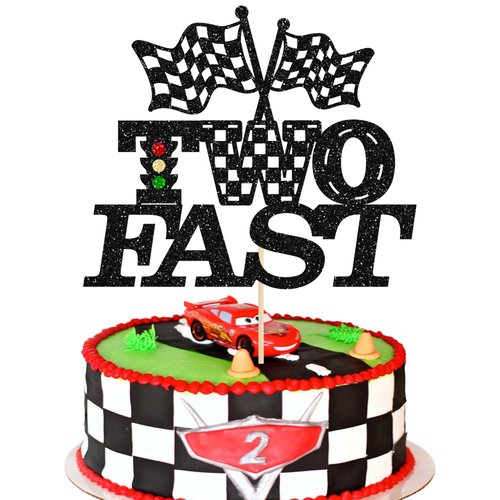 Gyufise 1Pcs Two Fast Birthday Cake Topper Black Glitter Checkered Flag Racing Car 2nd Birthday Cake Pick for Let's Go Racing Theme Boys Girls Kids Second Birthday Party Cake Decorations Supplies