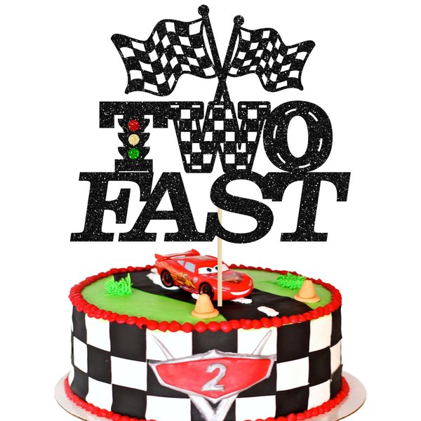 Gyufise 1Pcs Two Fast Birthday Cake Topper Black Glitter Checkered Flag Racing Car 2nd Birthday Cake Pick for Let's Go Racing Theme Boys Girls Kids Second Birthday Party Cake Decorations Supplies
