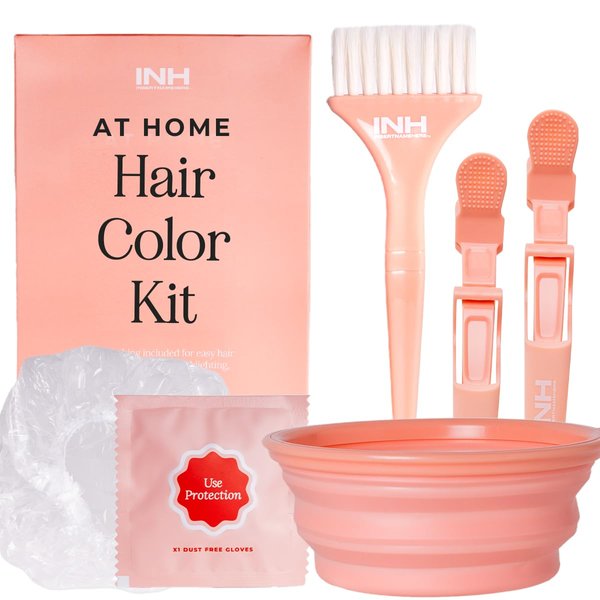 INH Hair Dye Kit | Hair Dye Brush and Bowl Set with Hair Color Gloves, 2 Alligator Clips & Cap for Dyeing, Tinting, Bleaching, Highlighting, Permanent & Semi Permanent Hair Color, Masks, & Treatments