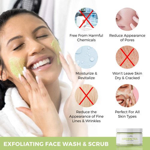 Teami Matcha Green Tea Facial Scrub - Natural Exfoliating Body Scrub & Face Scrub - Organic Face Exfoliator Sugar Scrub - Exfoliating Face Wash with Lemongrass - Non-Greasy Face Exfoliant USA Made