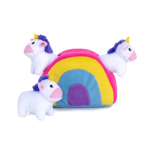ZippyPaws Burrow Puzzle Plush Dog Toy, Interactive Squeaky Toy for Enrichment, Hide and Seek Game for Small to Medium Dogs, Unicorns in Rainbow