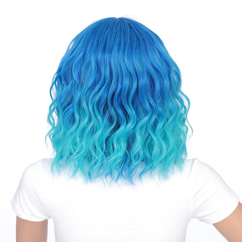 SWACC 12 Inch Short Curly Wavy Bob Wig with Bangs Synthetic Hair Wig for Women with Wig Cap (Teal Blue Ombre)