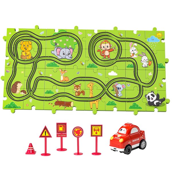 TEMI 32 Pieces Puzzle Race Track Car Set Toys for Kids Ages 3-5 - Toddler Toys Gifts for 3 4 5 Year Old Boys, Puzzle Tracks Car Toys for Boys Ages 3-5 4-6, 3 4 5 6 Year Old Boys Birthday Gifts