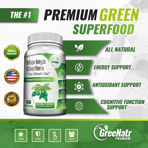 GreeNatr Pure Moringa Oleifera Leaf Extract Veggie Capsules 1000 mg. Natural Herbal Supplement. Energy, Mood, Memory and Focus Support. Premium Green Superfood (3 Bottles)