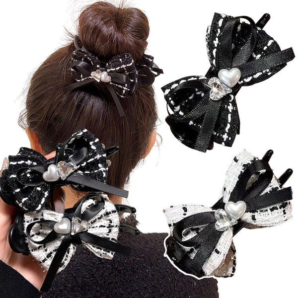 BASEMMAHER 2Pcs Bow Hair Claw Clip Rhinestone Pearls Black White Plaid Bowknot Hair Clips Ponytail Holder Hair Barrette Hair Accessories for Women Girls Hairpin Thick Thin Hair Headwear