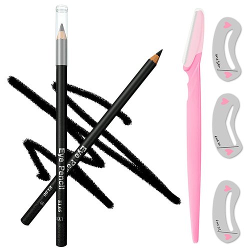 Wooden Eyeliner Pencil, Waterproof Long Lasting Makeup Eye Liner, Easy Application, [5-in-1]Eyeliner *1; Eyebrow Razor *1; Eyebrow Stencil *3, Black #-0227083