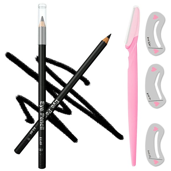 Wooden Eyeliner Pencil, Waterproof Long Lasting Makeup Eye Liner, Easy Application, [5-in-1]Eyeliner *1; Eyebrow Razor *1; Eyebrow Stencil *3, Black #-0227083