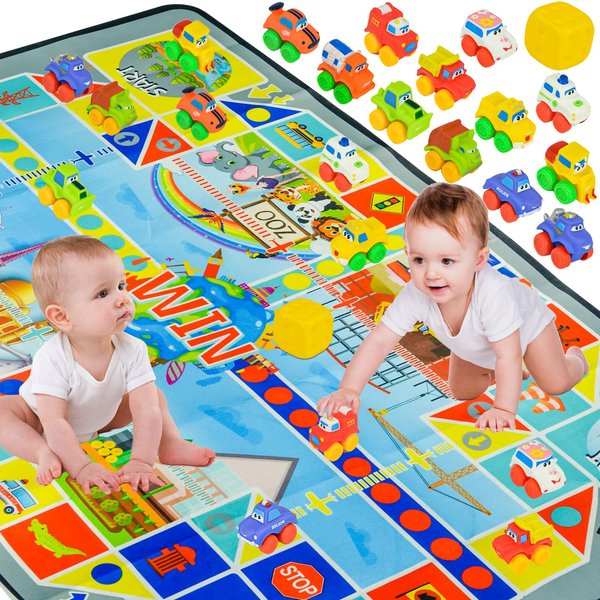 Timy 14Pcs Cartoon Cars with Ludo Carpet Playmat Toy Cars for Toddlers 1-3 Soft Rubber Toy Car Set Gift for Boys and Girls Bath Toy for Toddlers Toy Trucks