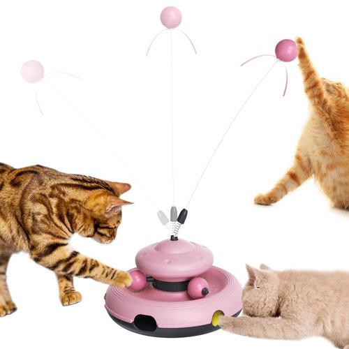 Zaabaaziba Interactive Cat Toys, Track Balls Kitten Toy for Indoor, High-Elasticity Cat Teaser Wand Cat Feather Toy, Perfect Toy for Multi-Cat Households for All Cat Breeds Pink
