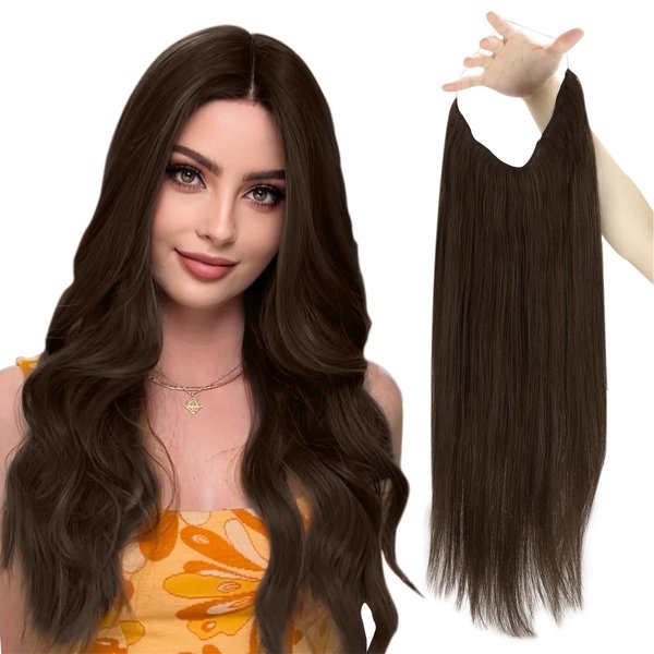 Sunny Wire Hair Extensions Brown Fish Line Hair Extensions Chocolate Brown Invisible Wire Human Hair Extensions Brown Short Hairpiece Extensions Human Hair Brown Hair Extensions 80G 12Inch