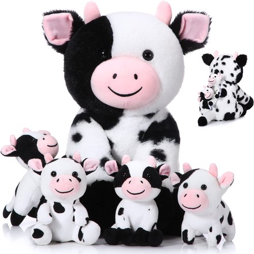 Sumind 5 Pcs Cow Plush Animals Set Mommy Cow Stuffed Animal with 4 Baby Cute Cows in Her Tummy Mommy Cow and Baby Small Plush Cow for Boys Girls(Cute)