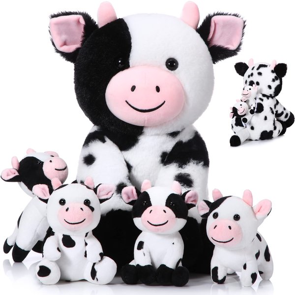 Sumind 5 Pcs Cow Plush Animals Set Mommy Cow Stuffed Animal with 4 Baby Cute Cows in Her Tummy Mommy Cow and Baby Small Plush Cow for Boys Girls(Cute)