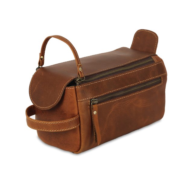 KomalC Premium Buffalo Leather Unisex Toiletry Bag Travel Dopp Kit (Distressed Orange Tan)