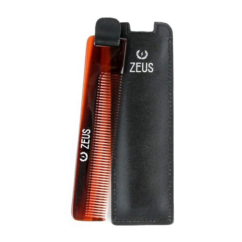 ZEUS Handmade Saw-Cut Pocket Beard Comb w/Leather Sheath, Everyday Carry, Daily Maintenance, Tame, Smooths, Snag-Free Tortoiseshell