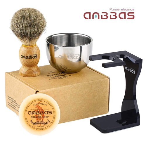 Anbbas Shaving Set, 4in1 Pure Badger Hair Shaving Brush Solid Manchurian Ash Wood Handle,Black Broken-Resistant Acrylic Shaving Stand,Stainless Steel Shaving Bowl Dia 3.2 inch and Goat Milk Soap 100g