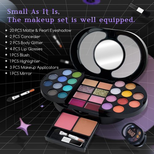 Color Nymph Travel Makeup Palette with Mulit-Colors Eyeshadows,Concealer, Body Glitter,Lip Glosses,Blush,Highlighter,Makeup Applicators And Mirror
