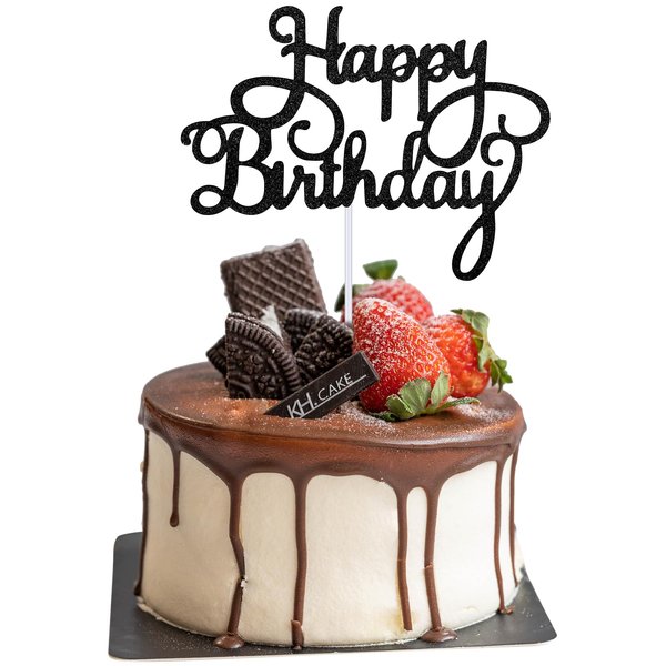 Happy Birthday Cake Topper Glitter Happy Birthday Cake Pick Birthday Cake Decorations Happy Birthday Sign for Celebrating Birthday Anniversary Party Decorations Supplies (Black)