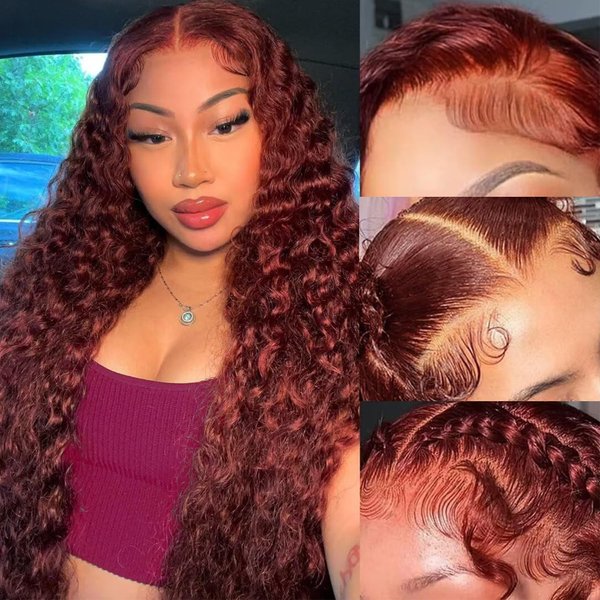 htsly Reddish Brown Lace Front Wigs Human Hair Pre Plucked Water Wave Wig Auburn Colored 13x4 HD Lace Frontal Wig for Black Women Copper Red Wet and Wavy Deep Curly Wig 24 Inch