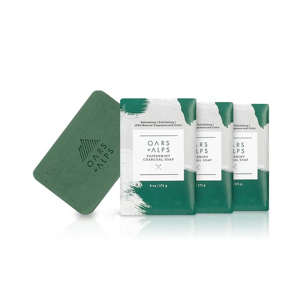 Oars + Alps Peppermint Charcoal Exfoliating Men's Bar Soap, Dermatologist Tested and Made with Clean Ingredients, Travel Size, 3 Pack, 6 Oz Each