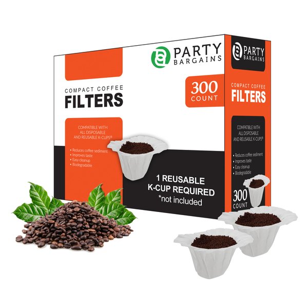 PARTY BARGAINS 300 Paper Coffee Filters - Compact design White Single-Use Coffee Filter Compatible with Keurig 1.0 & 2.0, Perfect Size and Quantity
