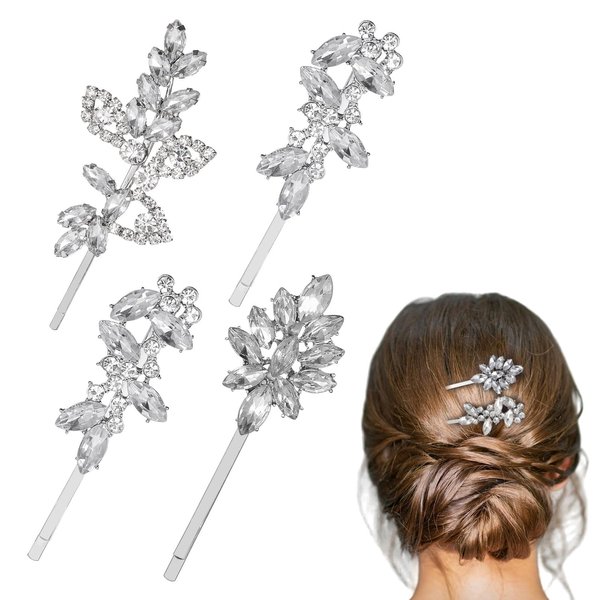 Tyqour 4 Pieces Silver Rhinestonehair Decorative Clips Rhinestone Bridal Hair Pins Bridal Hair Clip Hair Clips for Wedding Diamond Crystal Hair Accessories, Bling Decorative Hair Clips