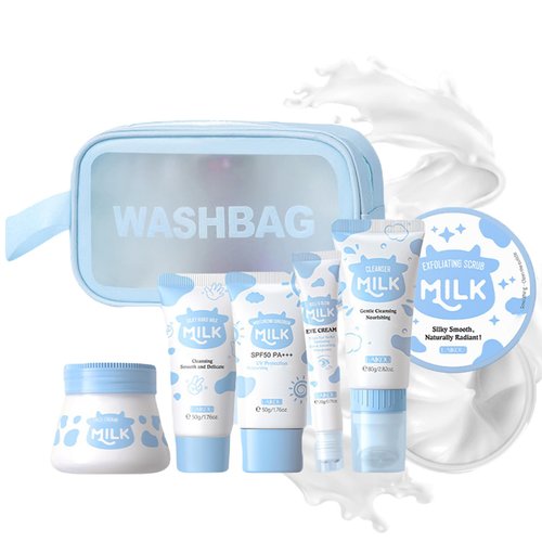 Milk Skincare Kits - Skin Care Set - 7PCS Travel Kit with Cleanser Face Wash, Hand Wax, Sunscreen, Face & Eye Cream, Exfoliating Scrub, Skin Care Bag - Nourishing, Moisturizing Gift Set for Women