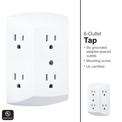 GE 6-Outlet Extender, 2 Pack, Grounded Wall Tap, Adapter Spaced Outlets, 3-Prong, Multiple Plug, Quick and Easy Install, Cruise Essentials, UL Listed, White, 40222