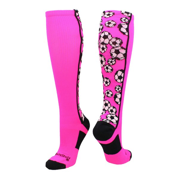 MadSportsStuff Crazy Soccer Socks with Soccer Balls over the calf (Neon Pink/Black, Medium)