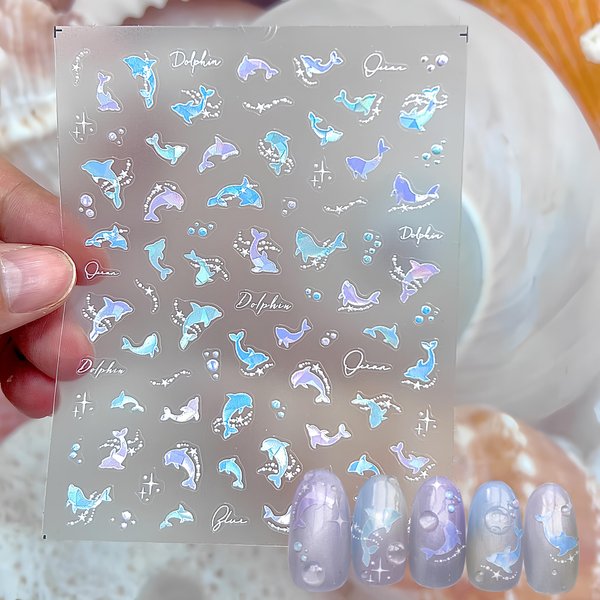1Sheets Dolphin Nail Art Sticker, 5D Embossed Ocean Nail Stickers Adorable Dolphin Dream Nail Art Design Decals Dolphin Pearl Nail Art Supplies for Nail Art Summer for Women Girls DIY Nail Decoration
