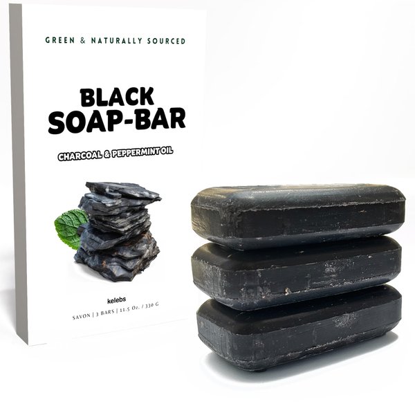 Kelebs 3 Pcs Activated Black Charcoal Soap Bar with Peppermint Oil. Natural Ingredients - No Plastic