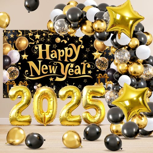 New Years Eve Decorations 2025 Black Gold Happy New Year Banner Backdrop Balloons Arch Kit for Men Women Carnival Foil Balloon Number 2025 New Year Christmas Party Favors Celebration Outdoor Supplies