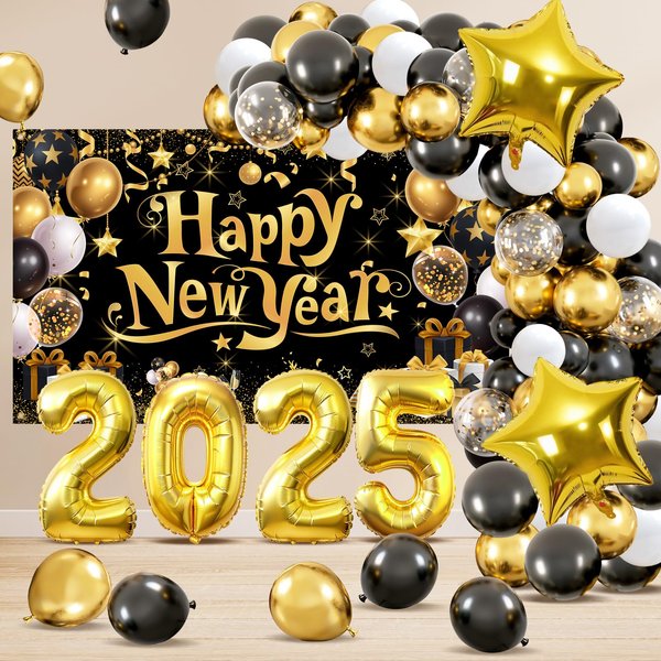 New Years Eve Decorations 2025 Black Gold Happy New Year Banner Backdrop Balloons Arch Kit for Men Women Carnival Foil Balloon Number 2025 New Year Christmas Party Favors Celebration Outdoor Supplies