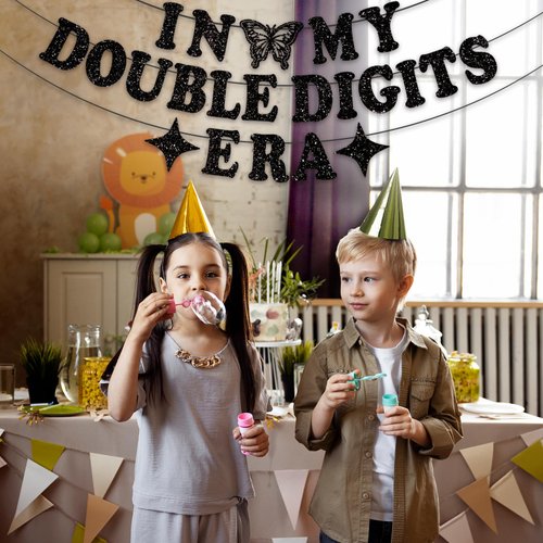 Black In My Double Digits Era Banner-Happy 10th Birthday Banner, Black Glitter Double Digits Banner for Girl Boy 10th Birthday Party Decorations Supplies