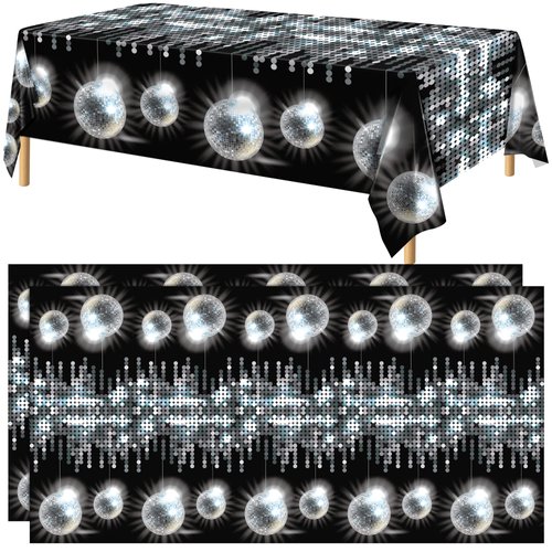 durony 2 Pieces Silver Disco Party Tablecloth 54 x 108 Inch Las Vegas Party Tablecover 70s Casino Theme Party Decor Glitter Sparkle Metallic Backdrop for Disco Birthday Party Supplies