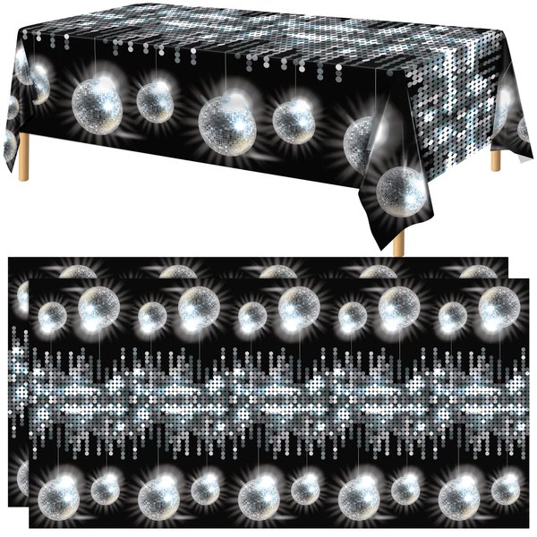 durony 2 Pieces Silver Disco Party Tablecloth 54 x 108 Inch Las Vegas Party Tablecover 70s Casino Theme Party Decor Glitter Sparkle Metallic Backdrop for Disco Birthday Party Supplies