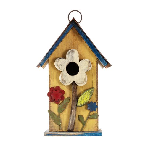 Glitzhome 10.2" H Hanging Bird House for Outdoor Patio Garden Decorative Birdhouse Pet Cottage Distressed Wooden Birdhouse, Yellow Flower