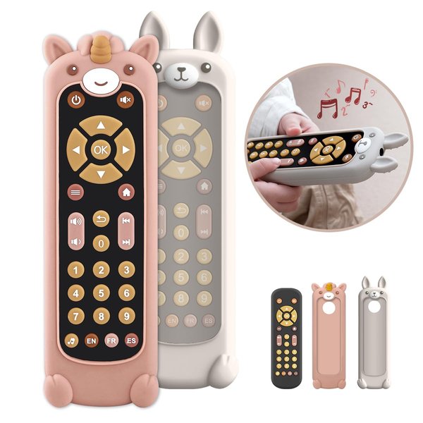 Nueplay Baby TV Remote Control Toy with Silicone Teether Cover, Toddler Realistic Controller, Early Number Learning in 3 Languages (English, Spanish & French), Preschool Girls Toys 6, 12, 18 Months