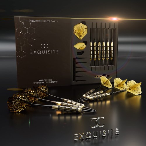 CC-Exquisite Premium Steel Tip Darts Set - Professional Darts, Brass Barrels, Metal Tip Darts, Extra Flights, (12) Aluminum Shafts 35/48, O-Rings, Dart Tool, Dart Sharpener, Darts Case.…